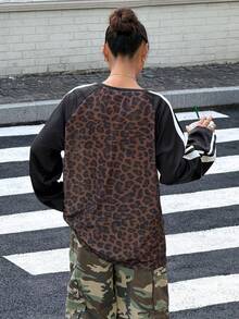 Muchica Women's Leopard Print Letter Graphic Patchwork Casual Street Wear Everyday T-Shirt Everyday Black And White Leopard Print Autumn - Multicolor - View 2