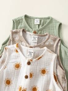 SHEIN 3pcs Newborn Baby Boy Unisex Baby Clothes Cute Summer Playful Print Pattern Sleeveless Rompers Multi-Color Basic Bodysuit Set - Multicolor - View 5