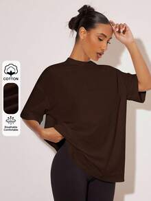 SHEIN BASICS Women's Solid Color Stand Collar Drop Shoulder Loose Casual T-Shirt Summer For Women - Brown - View 9