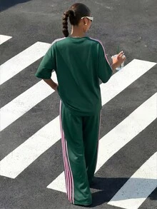 Muchica 大码女式撞色圆领上衣和裤子休闲日常套装 - 墨綠色 - 查看 2