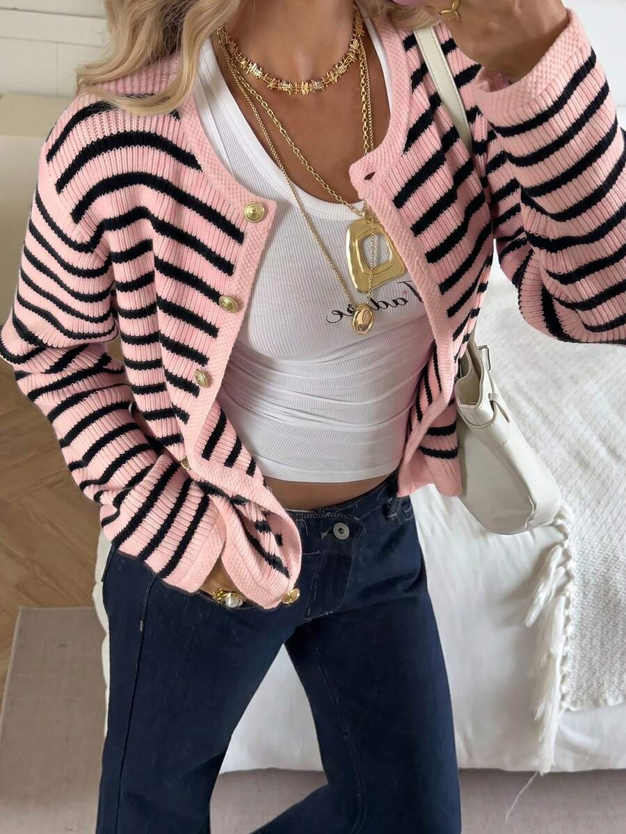 CovetEZ 女款條紋拼接色塊單排扣休閒日常開襟衫 - 粉色 - 查看 1