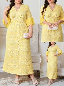 Reflora Vestido elegante de mujer talla grande con cuello en V, diseño de botones y puños con volantes en jacquard - Amarillo - Ver 1