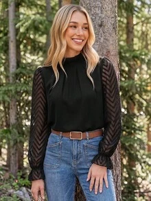 Coeurva Frilled Neck Flounce Sleeve Blouse,Long Sleeve Tops Winter Elegant Black Black Spring - Black - View 8
