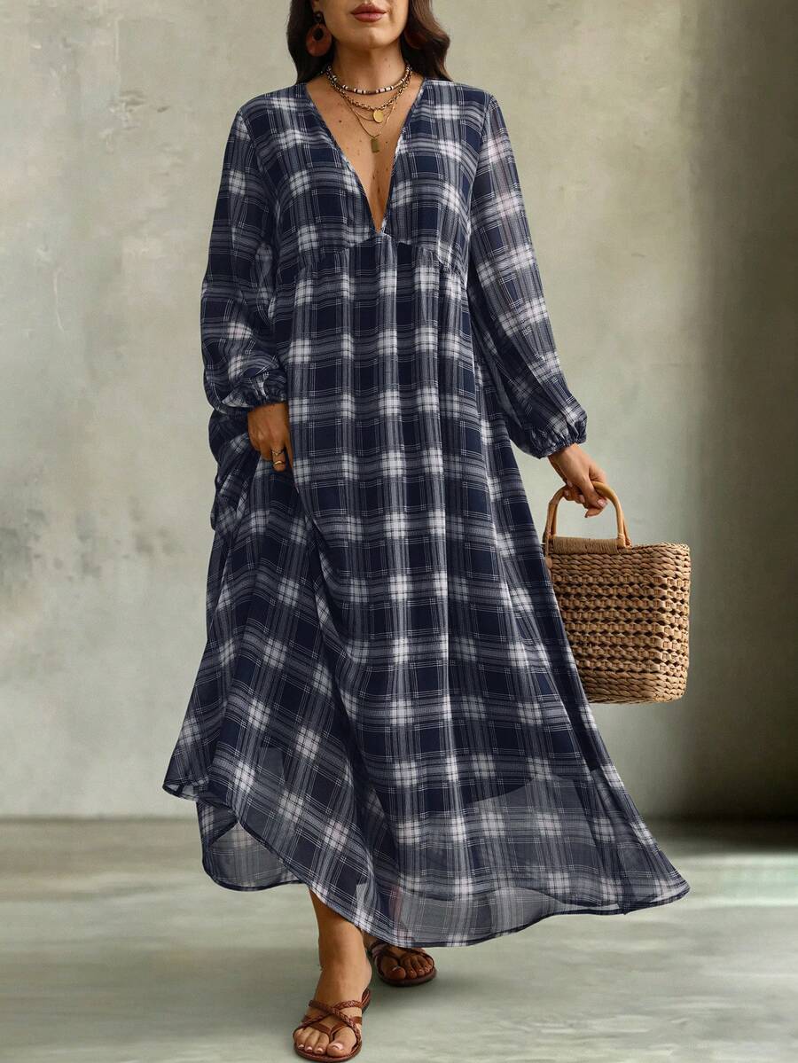 Linhara CURVE Plaid Chiffon V-Neck Petal Sleeve Loose Casual Vacation Style Flowy Dress - Navy Blue - View 1