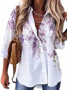 EMERY ROSE Plus Size Floral Print Casual Vacation Shirt Fall - Purple - View 1