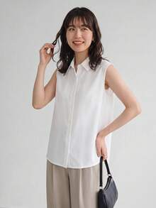 Yumoku 女款純色單排扣休閒無袖梭織襯衫 - 白色 - 查看 4