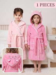 SHEIN Jubah Mandi/Pakaian Santai Anak Perempuan Motif Kelinci Lucu Bordir Bunga Merah Muda Flanel Musim Gugur Musim Dingin Kasual Gaya Putri Peri Pakaian Tidur Lembut dan Nyaman - Coral Pink - View 8