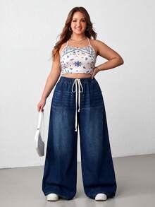 SHEIN CURVE+ 大尺碼休閒水洗寬腿牛仔褲 女款牛仔女孩風返校穿搭 - 藍色 - 查看 3