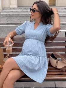 SHEIN Maternity Solid Color Notch V-Neck Short Sleeve Casual Nursing Dress Baby Shower Summer - Blue - View 1