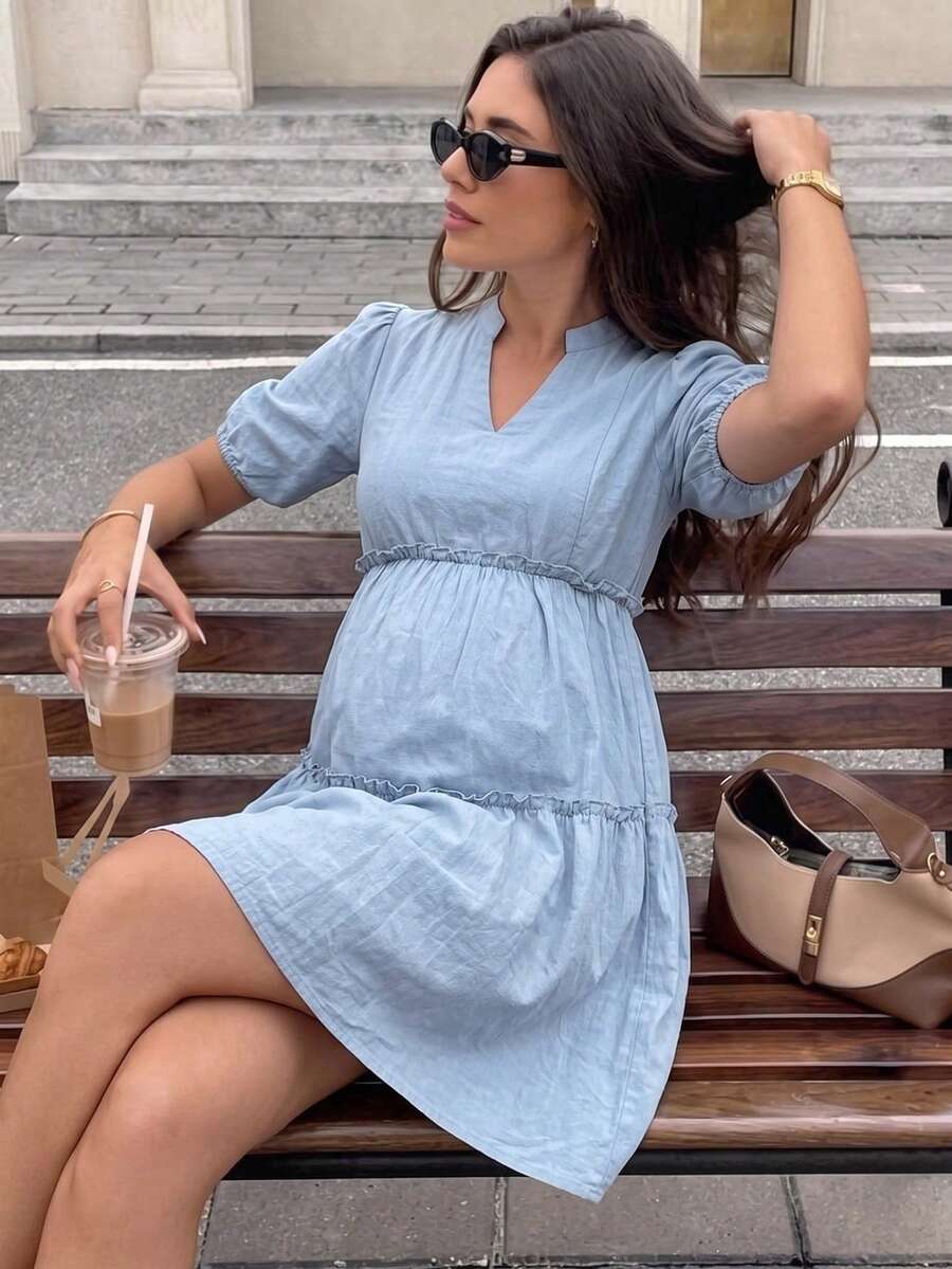 SHEIN Maternity Solid Color Notch V-Neck Short Sleeve Casual Nursing Dress Baby Shower Summer - Blue - View 1