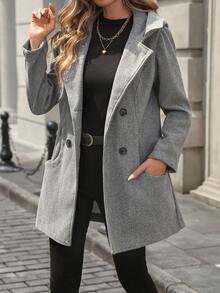 SHEIN PariChic Women's Double-Breasted Hooded Jacket, Casual Grey Long Coat For Autumn/Winter - Grey - View 6