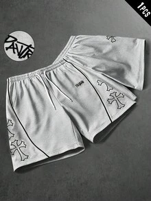 PAVTROS Pantalones cortos con cordón en la cintura, bolsillos y estampado de cruz para hombre, vacaciones - Gris - Ver 4