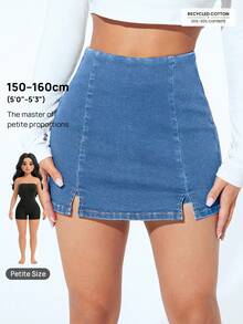 SHEIN PETITE Casual Washed High Waist Slit Denim Shorts ,Petite Women - Blue - View 5