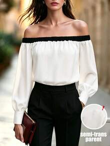 Balvessa Black And White Color Block Off-Shoulder Elegant Commute Long Sleeve Women's Blouse - White - View 1