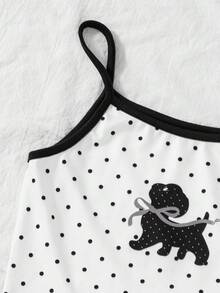 SHEIN Elladie kids 女童白色與黑色波點兩件套，上衣附蝴蝶結與小狗印花，搭配波點短褲，黑白配色，簡約清新，可愛卡通元素，柔軟俏皮，適合夏季 - 黑與白 - 查看 6