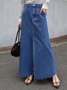 FRIFUL Women's Casual Washed Long Denim Skirt Fall - Blue - View 6