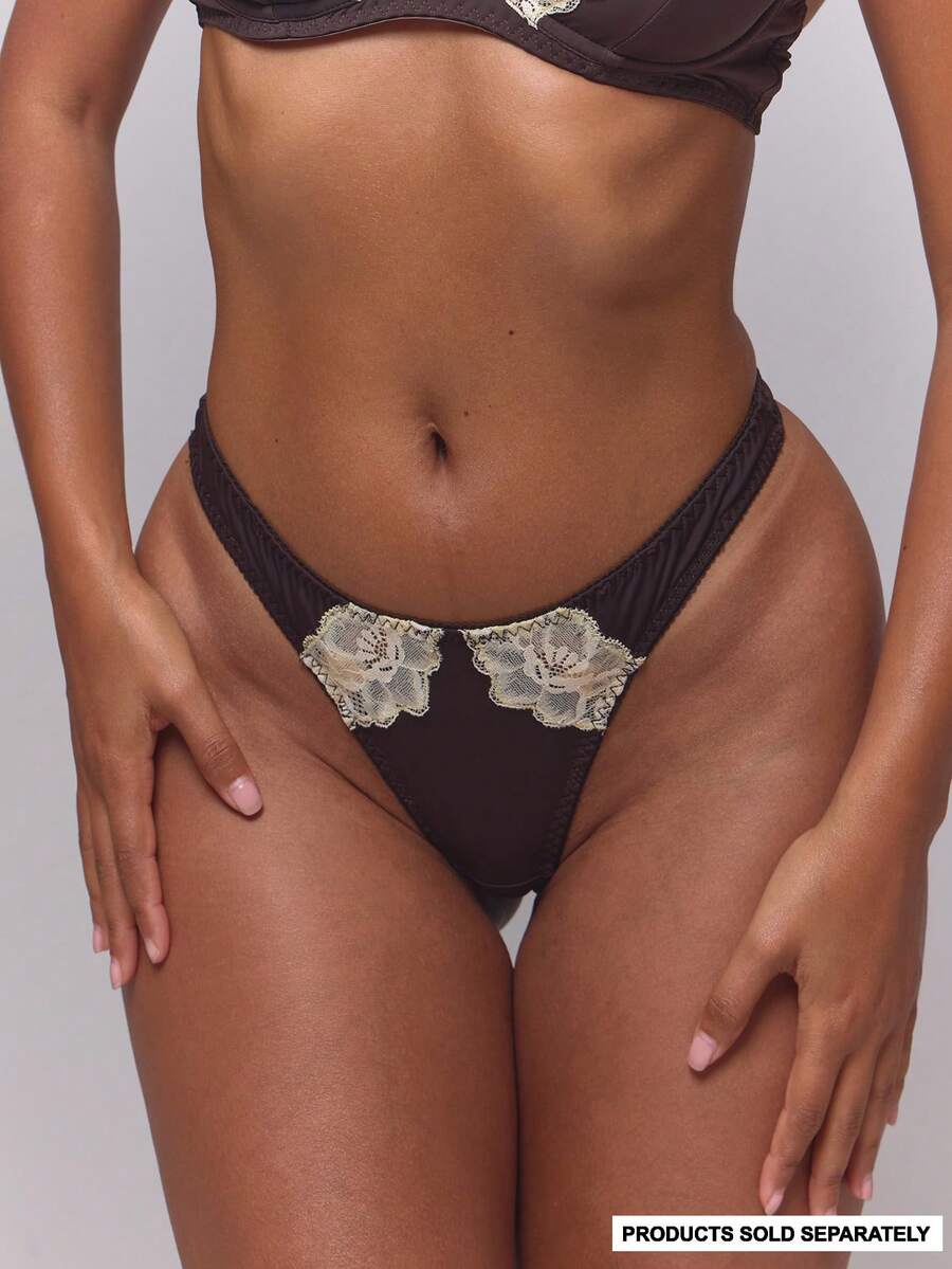 MUSERA Brown Cream Lace Trim Cutout High Leg Thong Knicker - Coffee Brown - View 1