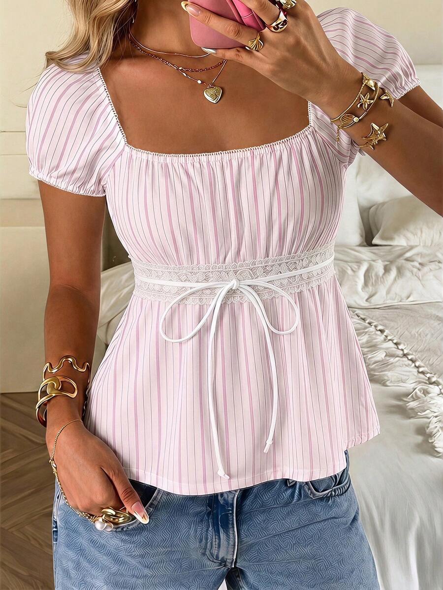 CovetEZ Summer Outfits Square Neck Petal Sleeve Tie Front Tee In Pink Striped Print,Summer Top - Multicolor - View 1