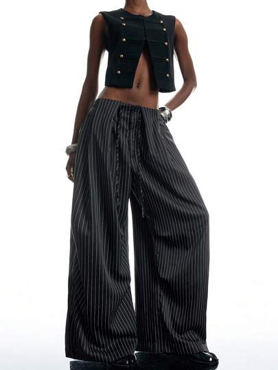 LYSMO Women's Waist Tie Striped Wide Leg Loose Long Pants Autumn Outfits For Women Holiday Night Outfit Work Wear Women Going Out Outfits For Night Out
