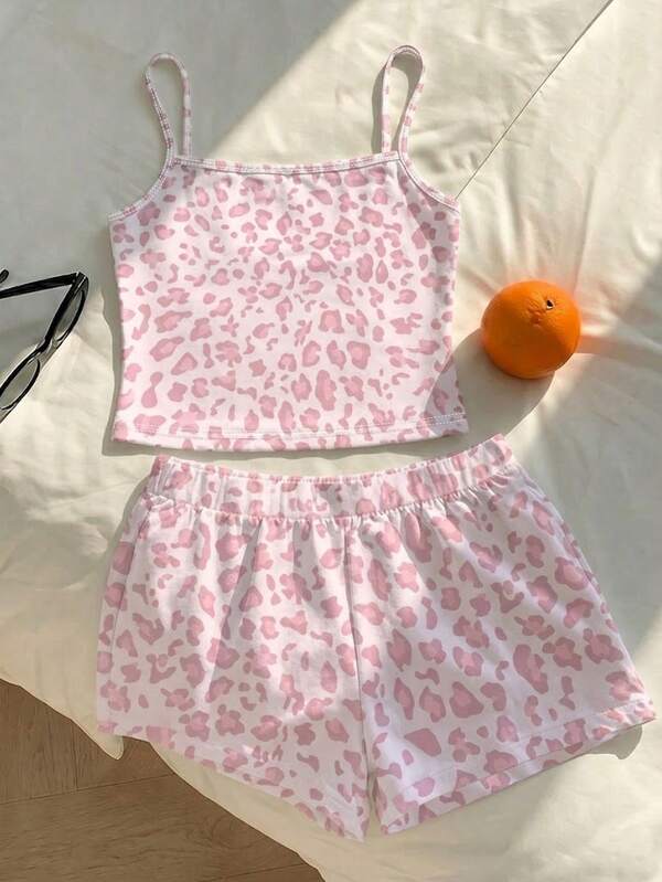 Tween Girls Fresh Pink Leopard Print Slim Fit Camisole & Shorts 2-Piece Set, Suitable For Midsummer, Sweet & Cool Outfit, Light Pink Leopard Print Set, Suitable For Summer Daily Wear, Relaxed & Comfortable, Casual Styling For Leisure Time, Soft & Skin-Friendly Fabric, Easy To Wear, Simple & Basic Style For Daily Outings, Casual & Fashionable