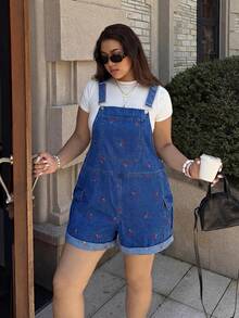 Dripcurv Große Größen Kirsch-bestickte Denim-Latzhose - Blau - Übersicht 5
