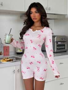 ZzzCrew Bow Print Long Sleeve Fitted Pajama Jumpsuit - Pink - View 3