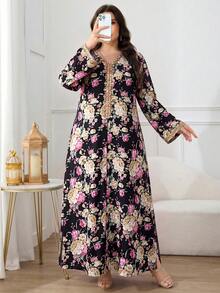 Al Najma Váy nữ size lớn phong cách Ả Rập dáng rộng in hoa thanh lịch - màu đen - Xem 3