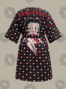 Betty Boop x SHEIN 大码女式卡通人物图案爱心波点印花宽松系带睡袍 - 黑色 - 查看 1