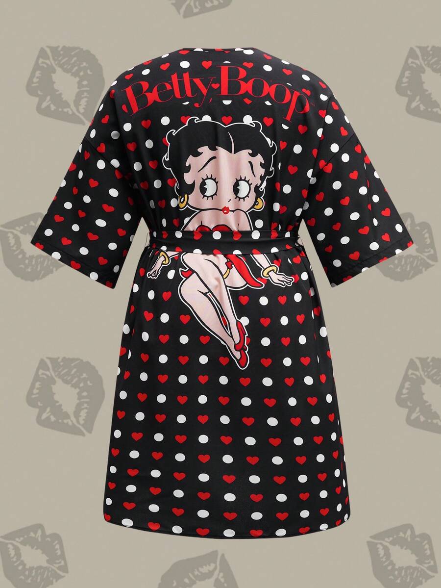Betty Boop x SHEIN 大码女式卡通人物图案爱心波点印花宽松系带睡袍 - 黑色 - 查看 1