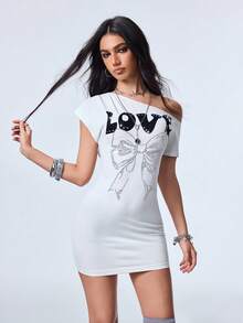 Y2Kool White Love Bow Metal Foil Asymmetrical Shoulder Y2K Punk Street Style Dark Casual Mini Dress For Women, Suitable For Spring/Summer Parties, Vacations, Holidays, Island, Music Festivals, EDM Festivals, Daily Wear - White - View 4