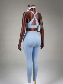 Mistrie Women Twist Back Cropped Tank Top And Sports Leggings Set Workout Women Sets - Baby Blue - View 3