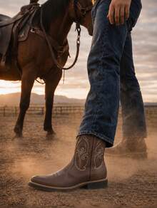Genuine Leather Boots With Cowboy Rodeo Style Stitched Sole Skirt - Cafe - View 5
