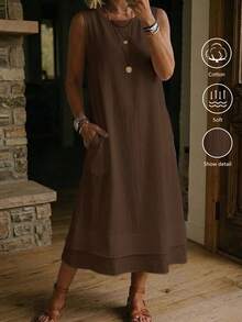 Linhara CURVE Plus Size Sleeveless Pure Cotton Double Layer Hem With Pockets Casual Everyday Women's Dress - Coffee Brown - View 7