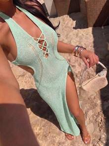 Barévion Women's Sexy Tropical Solid Color Knit Dress Beach Vacation Party Mint Green Autumn - Mint Green - View 3