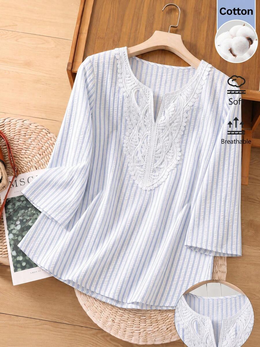 Rusticease Middle-Aged Women Striped Lace Patchwork Blouse Casual Elegant Formal Cocktail White Autumn