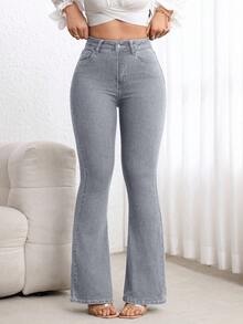 SHEIN PETITE 女款高腰口袋休閒百搭喇叭褲 灰色牛仔長褲 小碼女款 - 灰色 - 查看 7