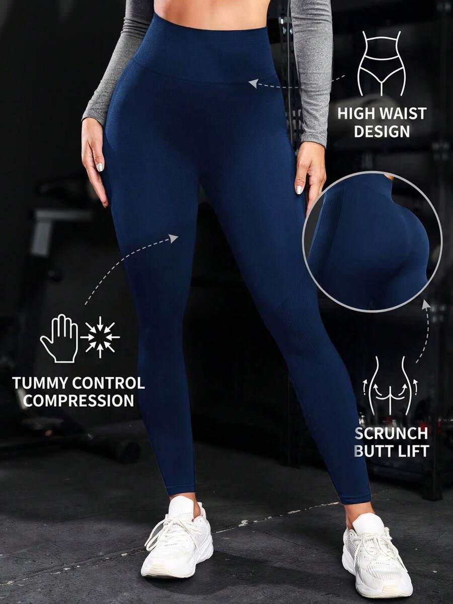 Seamluxe SHEIN Sport Quần bó chạy bộ liền mạch co giãn cao kiểm soát bụng quần legging tập yoga cho nữ - Màu xanh hải quân - Xem 1