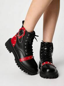 ROMWE Grunge Punk Women's Retro Platform Ankle Boots, Metal Rivet Punk Style, Skull Chain Design, 5cm Thick Sole, Zipper, Daily Wear, Black For Christmas Y2K - red and black - View 1
