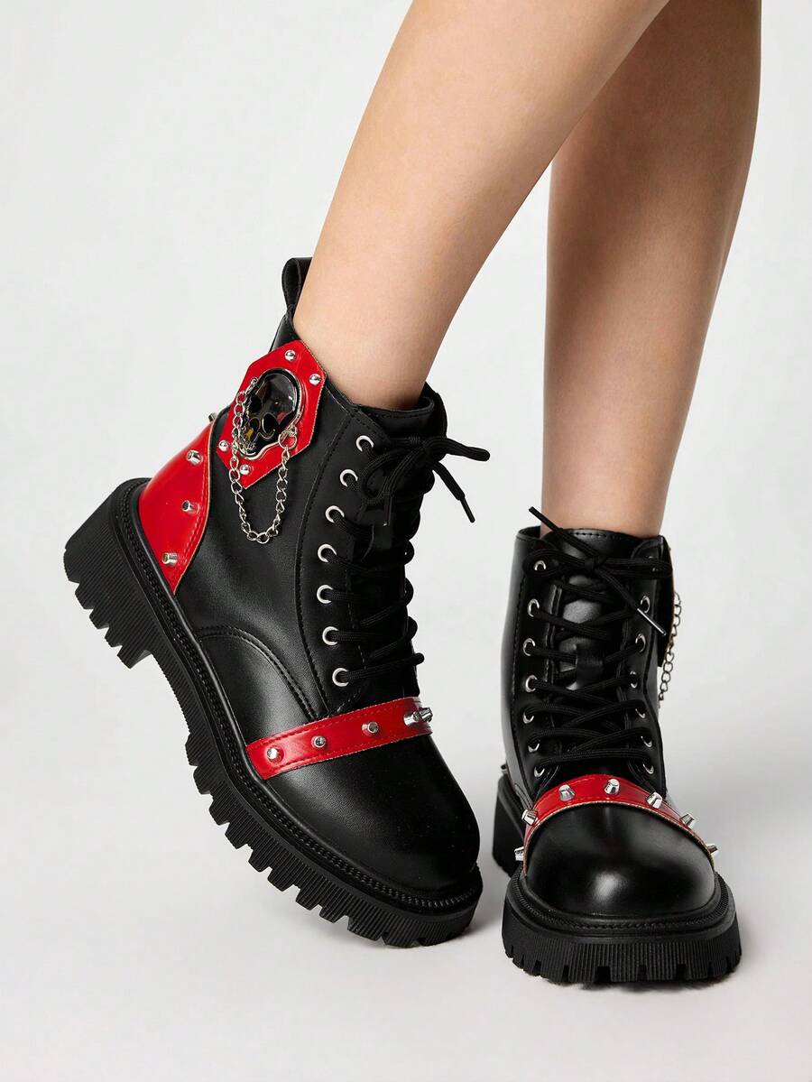ROMWE Grunge Punk Women's Retro Platform Ankle Boots, Metal Rivet Punk Style, Skull Chain Design, 5cm Thick Sole, Zipper, Daily Wear, Black For Christmas Y2K - red and black - View 1