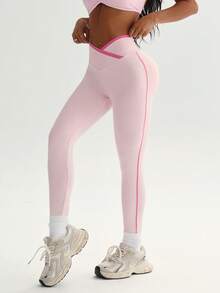 Eassivo Eassivo Women's Sports Leggings, Pink, Tight Fit, 9/10 Length, Criss-Cross Waistband, Color Block Design, For Daily Casual, Running, Yoga, Gym, Tennis, Golf - Pink - View 4