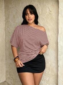 Rustia Plus Size Women's Asymmetrical Shoulder Striped T-Shirt, Casual And Comfortable - Pink - View 5