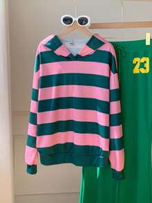 SHEIN EZwear 女士休闲套头卫衣，韩版风格，时尚百搭，适合外穿，彩色条纹图案设计，适合街拍，适合露营，春夏皆宜，也是春夏返校季的理想之选。 - 彩色 - 查看 3