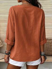 EMERY ROSE Camisas casuales de resort tejidas de talla grande para las estaciones de primavera y otoño - Naranja Coral - Ver 2