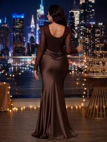 SHEIN Lady CURVE 大尺碼女款棕色長袖方領網紗優雅洋裝 - 棕色 - 查看 2