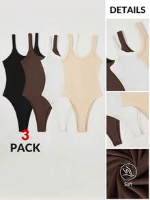 SHEIN BASICS 4件/組 女款素色針織連身衣，休閒風格棕色夏季女裝 - 彩色 - 查看 10