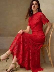 MOTF PREMIUM ELEGANT LACE MERMAID TAIL MIDI DRESS FOR WOMEN - Red - View 5