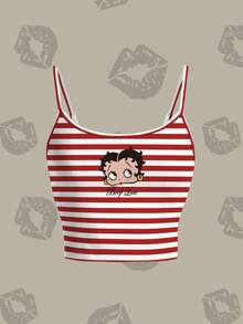 Betty Boop x SHEIN 女士条纹拼接短款吊带背心，时尚百搭，适合约会和度假穿着 - 白色 - 查看 1