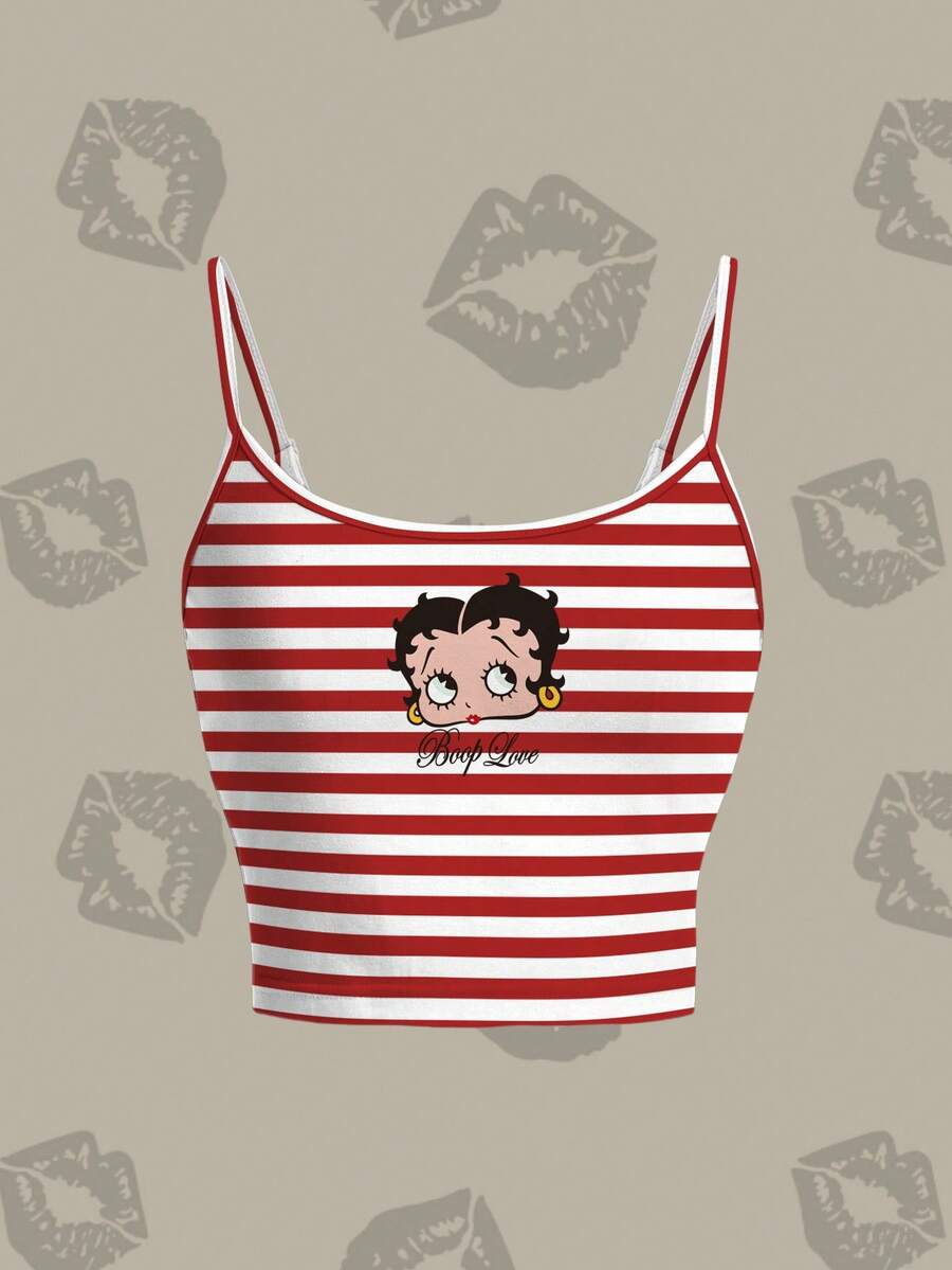 Betty Boop x SHEIN 女士条纹拼接短款吊带背心,时尚百搭,适合约会和度假穿着 - 白色 - 查看 1