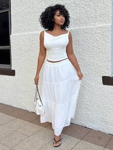 Alexandranx Ruffle Skirt Boho Long Skirt Break Solid Frill Trim Ruffle Hem Skirt White - White - View 4