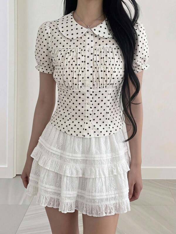Sweetina Casual Polka Dot Print Peter Pan Collar Women's Blouse